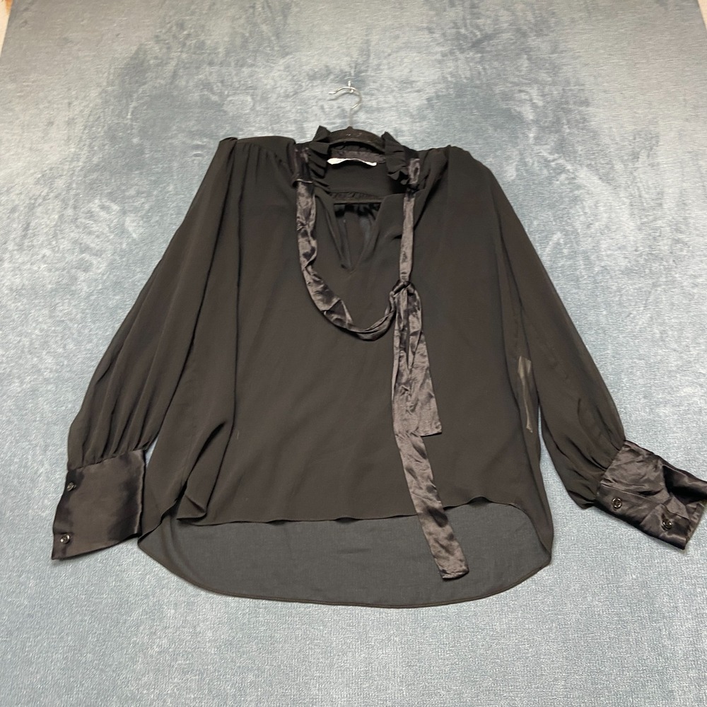 Zara Blouse Top Womens XS Black V Neck Sheer Ruffle Tie Neck Long Sleeve